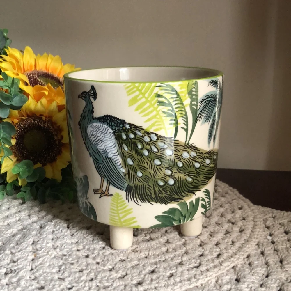 Decorative Green Peacock Ceramic Footed Planter Pot